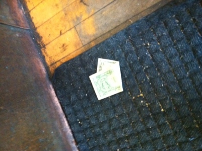 Matt's wayward dollar, seen during a brief bivouac on the Sherman Cafe floor